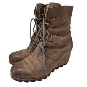Sorel Joan of Arctic Boot Mid Lace Up Wedge Dark Fog Grey Taupe Women’s 7.5